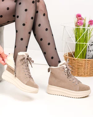 Ghete dama piele naturala intoarsa imblanite kaki cu talpa groasa F002-296