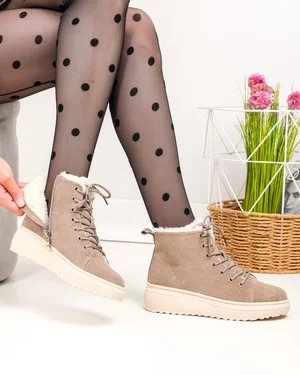 Ghete dama piele naturala intoarsa imblanite kaki cu varf rotund F002-409