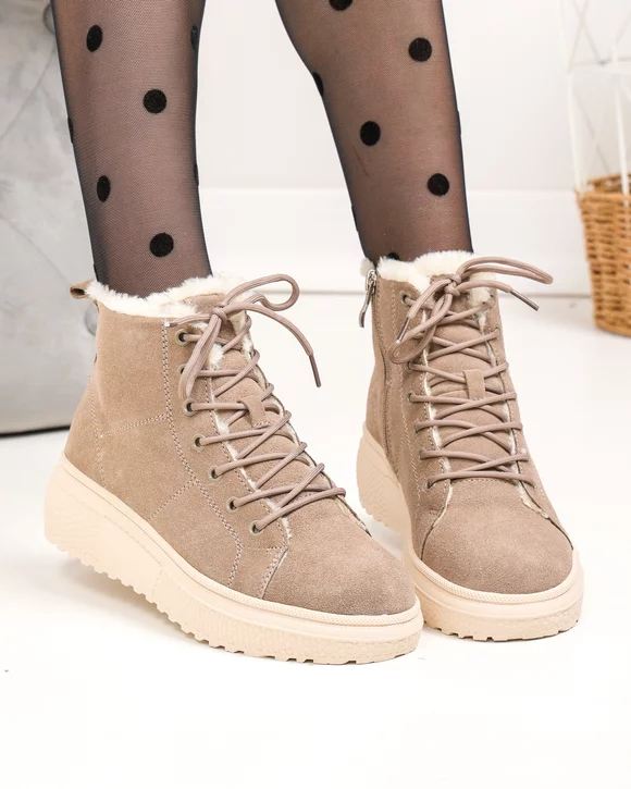 Ghete dama piele naturala intoarsa imblanite kaki cu varf rotund F002-409