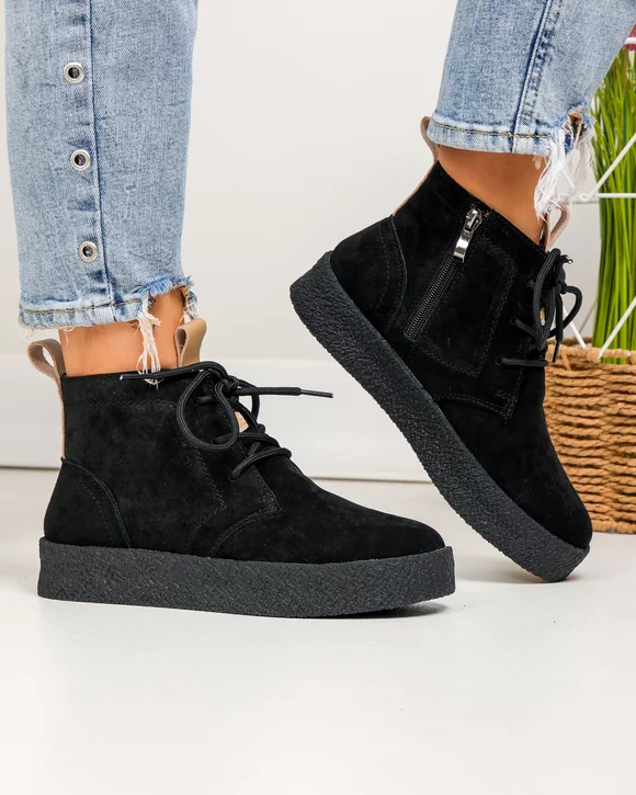 Ghete dama piele naturala intoarsa negre cu inchidere fermoar JY6651