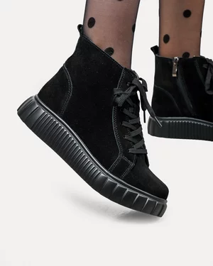 Ghete - Ghete dama piele naturala intoarsa negre cu inchidere fermoar T7002