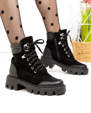 Ghete dama piele naturala intoarsa negre cu inchidere sireturi si fermoar PCI049