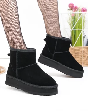 Ghete dama piele naturala intoarsa negre imblanite cu talpa usoara DS-4134