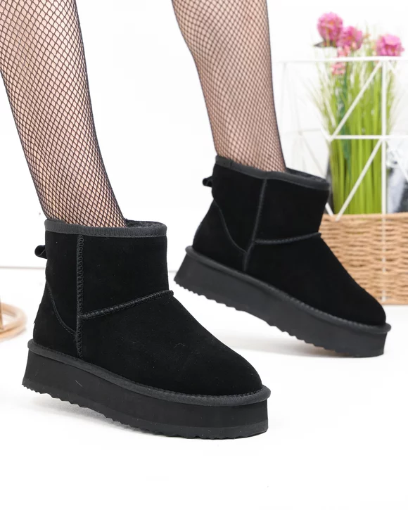 Ghete dama piele naturala intoarsa negre imblanite cu talpa usoara DS-4134