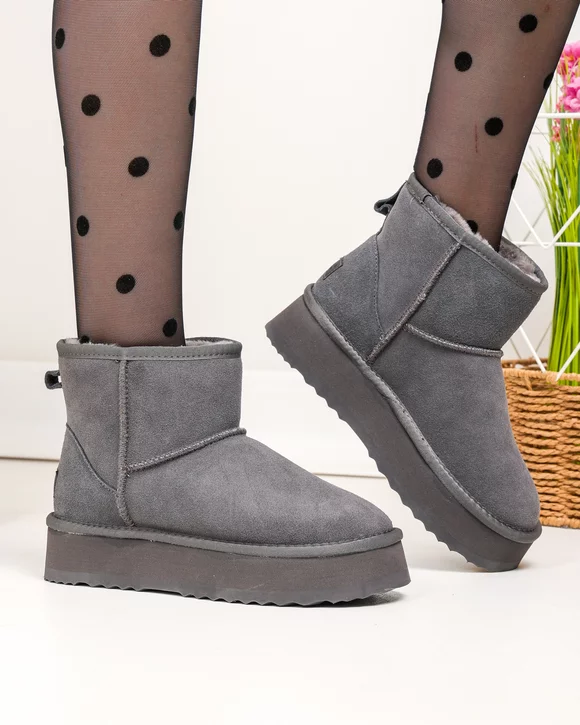 Ghete dama piele naturala intoarsa usoare gri inchis imblanite DS-4134