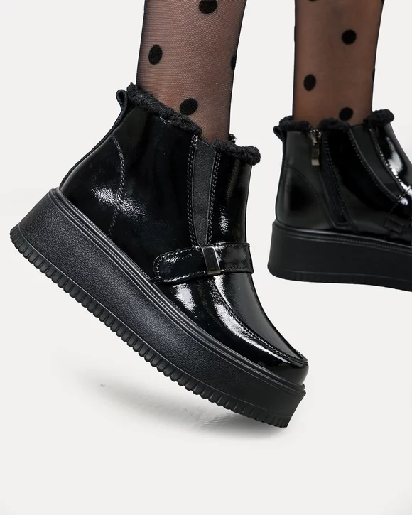 Ghete dama piele naturala lacuita negre cu inchidere fermoar si insertie elastica T6078