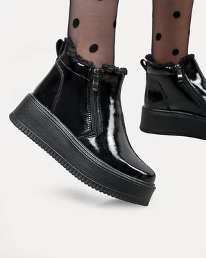 Ghete dama piele naturala lacuita negre cu talpa groasa imblanite T7008