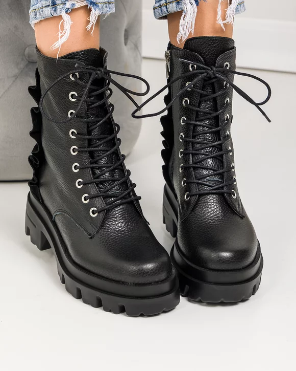 Ghete dama piele naturala negre cu aplicatie piele intoarsa BA017