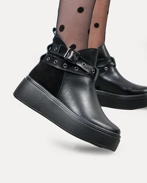 Ghete dama piele naturala negre cu inchidere fermoar si barete decorative T7000