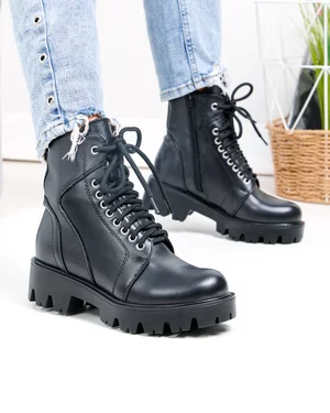 Ghete - Ghete dama piele naturala negre cu inchidere sireturi si fermoar PCI028