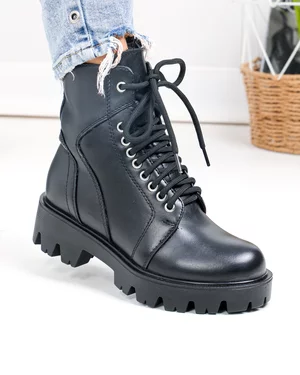 Ghete dama piele naturala negre cu inchidere sireturi si fermoar PCI028