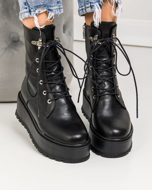 Ghete dama piele naturala negre cu talpa groasa BA018