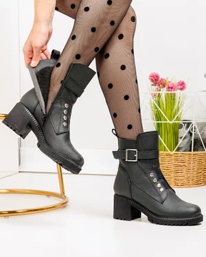 Ghete dama piele naturala negre cu toc gros si inchidere fermoar PCI660