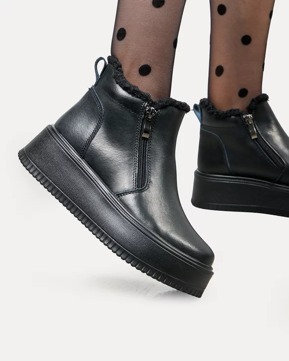 Ghete dama piele naturala negre imblanite cu inchidere dublu fermoar T7008