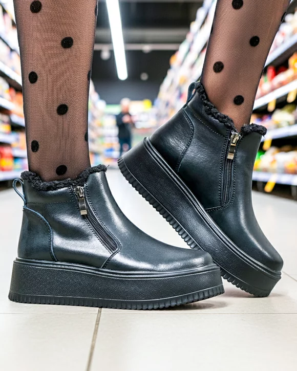 Ghete dama piele naturala negre imblanite cu inchidere dublu fermoar T7008