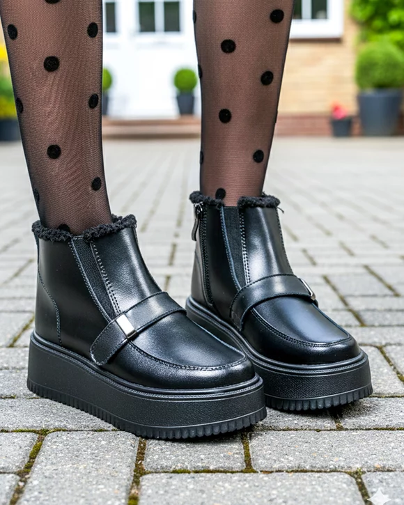 Ghete dama piele naturala negre imblanite cu inchidere fermoar si catarama decorativa T6078