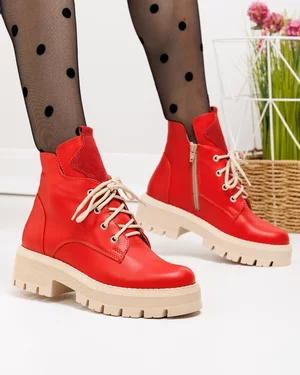 Ghete dama piele naturala rosii cu inchidere sireturi si fermoar PCI048