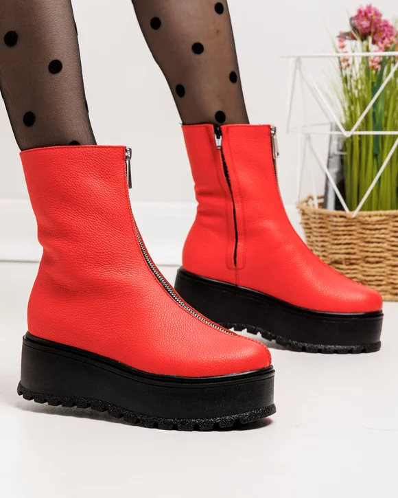 Ghete dama piele naturala rosii cu talpa groasa PCI077