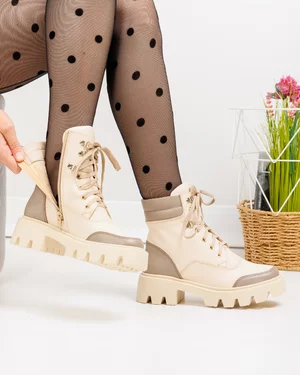 Ghete imblanite dama piele naturala bej cu gri inchidere sireturi si fermoar PCI049