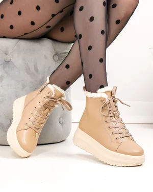 Ghete imblanite dama piele naturala kaki cu inchidere sireturi si fermoar F002-296