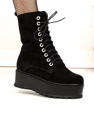 Ghete inalte dama piele naturala intoarsa negre cu talpa groasa PCI079