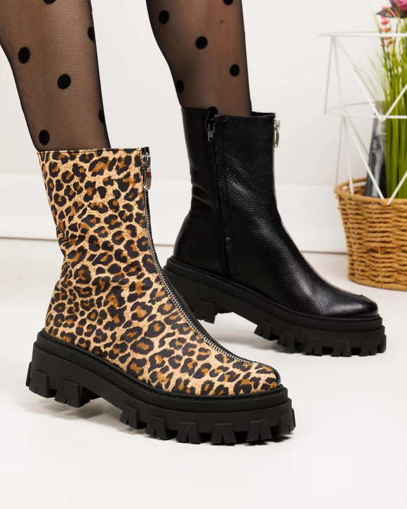 Ghete - Ghete inalte dama piele naturala negre cu imprimeu leopard POL252