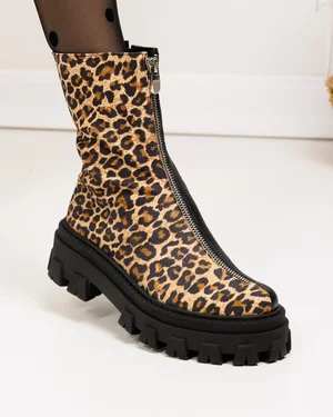 Ghete inalte dama piele naturala negre cu imprimeu leopard POL252