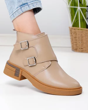 Ghete - Ghete scurte captusite dama piele naturala kaki cu model suprapus si inchidere fermoar T-2630