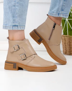 Ghete scurte captusite dama piele naturala kaki cu model suprapus si inchidere fermoar T-2630