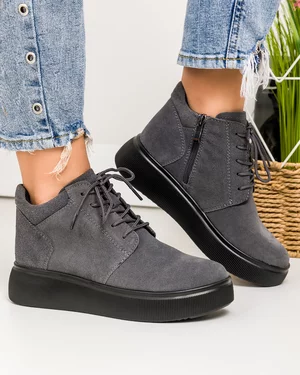 Black Friday - Ghete scurte captusite piele naturala intoarsa gri inchis siret si inchidere fermoar T-5106 Promotie