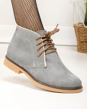 Ghete scurte dama piele naturala intoarsa gri cu inchidere sireturi PCI601V