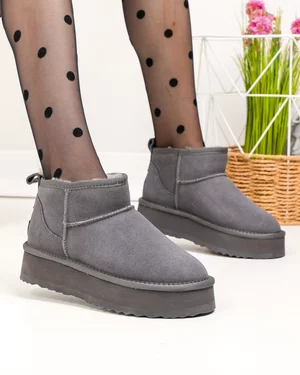 Ghete scurte dama piele naturala intoarsa gri inchis cu inchidere slip-on DS-4252