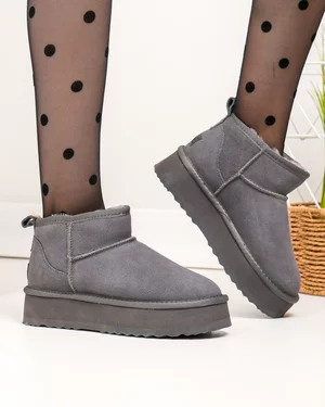 Ghete - Ghete scurte dama piele naturala intoarsa gri inchis cu inchidere slip-on DS-4252