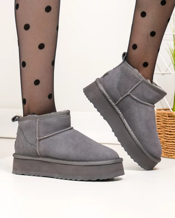 Ghete scurte dama piele naturala intoarsa gri inchis cu inchidere slip-on DS-4252