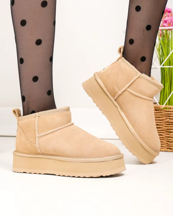 Ghete scurte dama piele naturala intoarsa imblanite bej DS-4252
