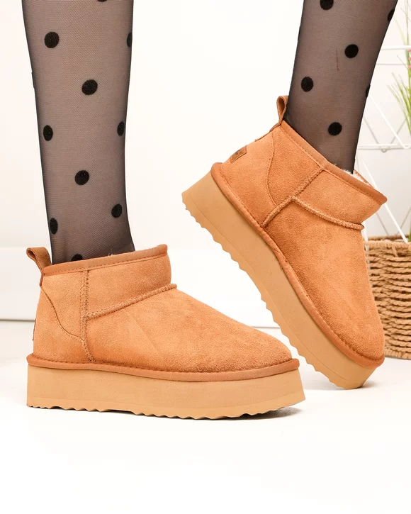 Ghete scurte dama piele naturala intoarsa imblanite camel DS-4252