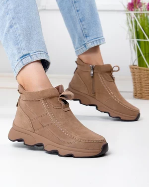 Ghete - Ghete scurte dama piele naturala intoarsa kaki imblanite cu inchidere fermoar JY7911