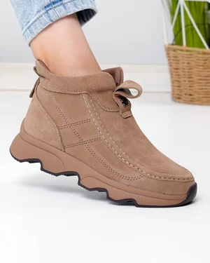 Ghete scurte dama piele naturala intoarsa kaki imblanite cu inchidere fermoar JY7911