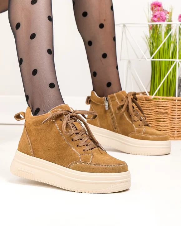 Ghete scurte dama piele naturala intoarsa kaki T7026