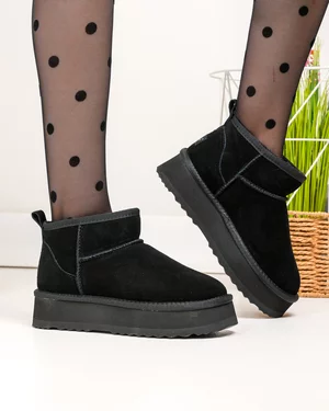 Ghete - Ghete scurte dama piele naturala intoarsa negre imblanite DS-4252