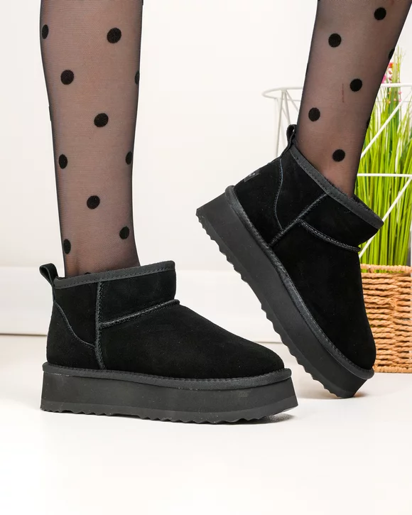 Ghete scurte dama piele naturala intoarsa negre imblanite DS-4252
