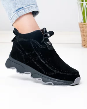 Ghete scurte dama piele naturala intoarsa negre imblanite JY7911