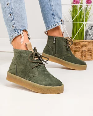 Ghete scurte dama piele naturala intoarsa verde inchis imblanite JY6651