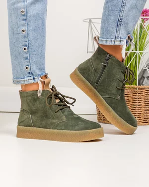 Ghete - Ghete scurte dama piele naturala intoarsa verde inchis imblanite JY6651