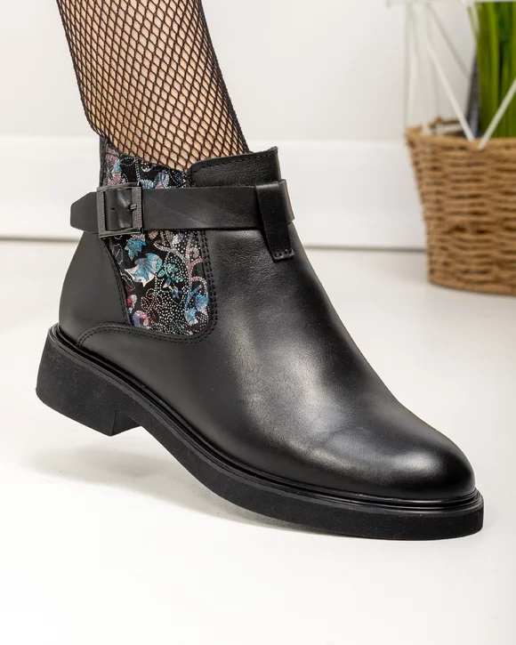 Ghete scurte dama piele naturala negre cu imprimeu floral PCI638