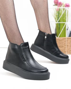 Ghete scurte dama piele naturala negre cu inchidere fermoar si insertie elastica T3086