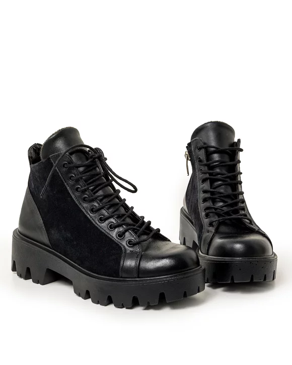 Ghete scurte dama piele naturala si piele naturala intoarsa negre cu inchidere fermoar BA023