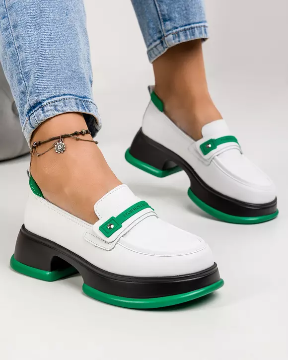 Pantofi casual piele naturala albi cu talpa neagra cu verde JY3110