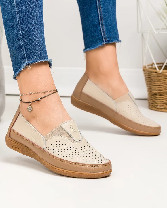 Mocasini dama piele naturala bej cu camel si talpa flexibila F003-635
