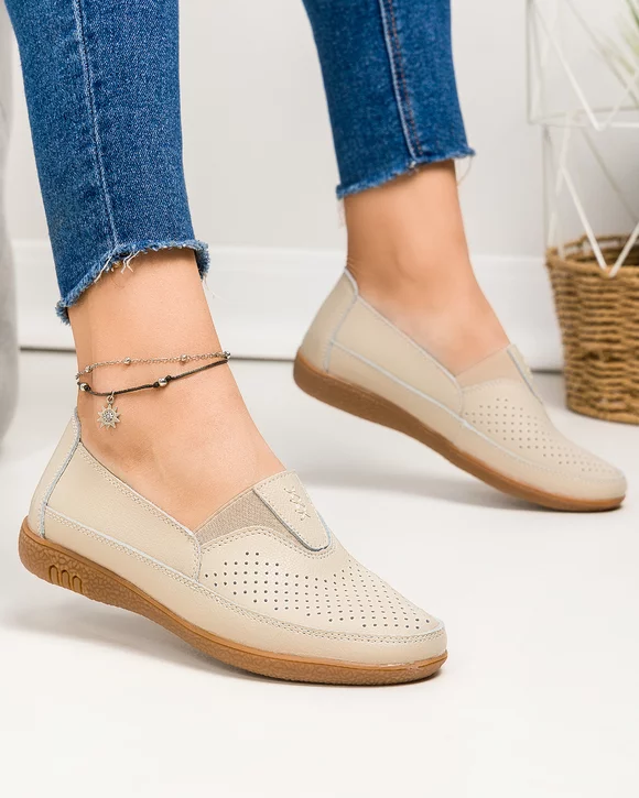 Mocasini dama piele naturala bej cu talpa flexibila si insertie elastica F003-635